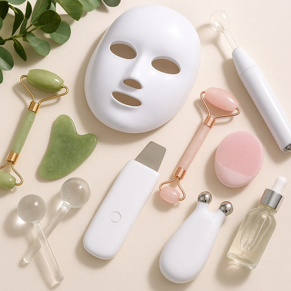 A flat lay of various facial spa tools on a beige surface, including a white LED face mask, jade and rose quartz facial rollers, a gua sha stone, a pink silicone facial cleansing
