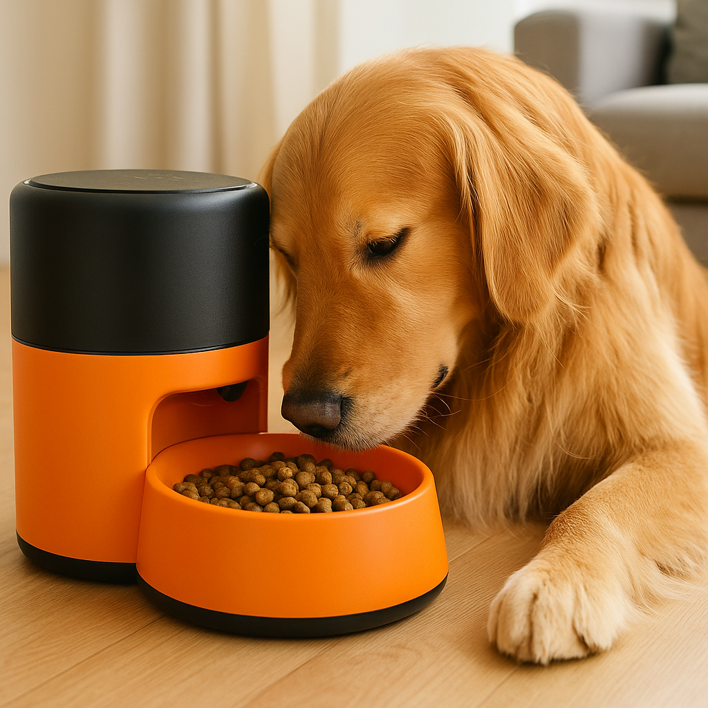 A golden retriever eating kibble from a modern orange automatic pet feeder, lying calmly on a light wooden floor in a softly lit home setting.