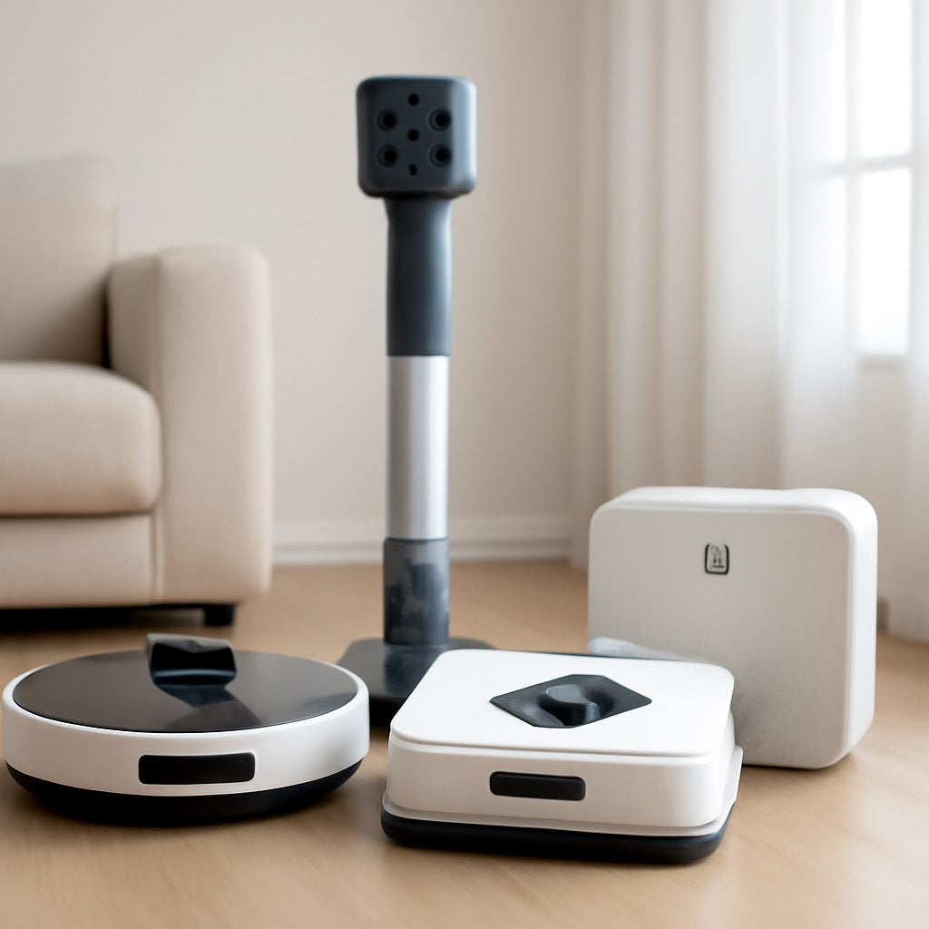 A high-quality image of four modern cleaning gadgets arranged on a light wood floor in a bright living room