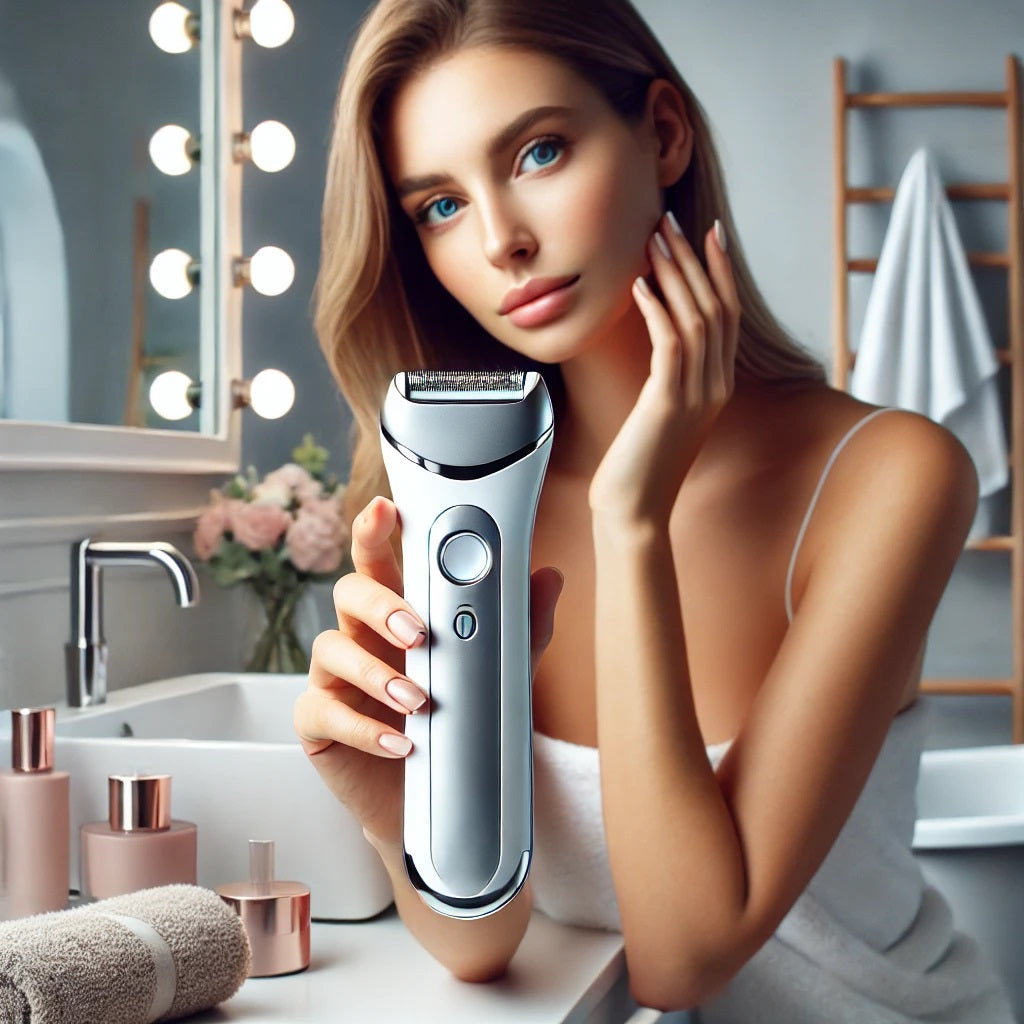 A high-quality, lifelike blog photo featuring a modern women's electric hair remover on a sleek bathroom counter.