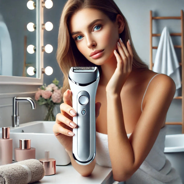 A high-quality, lifelike blog photo featuring a modern women's electric hair remover on a sleek bathroom counter.