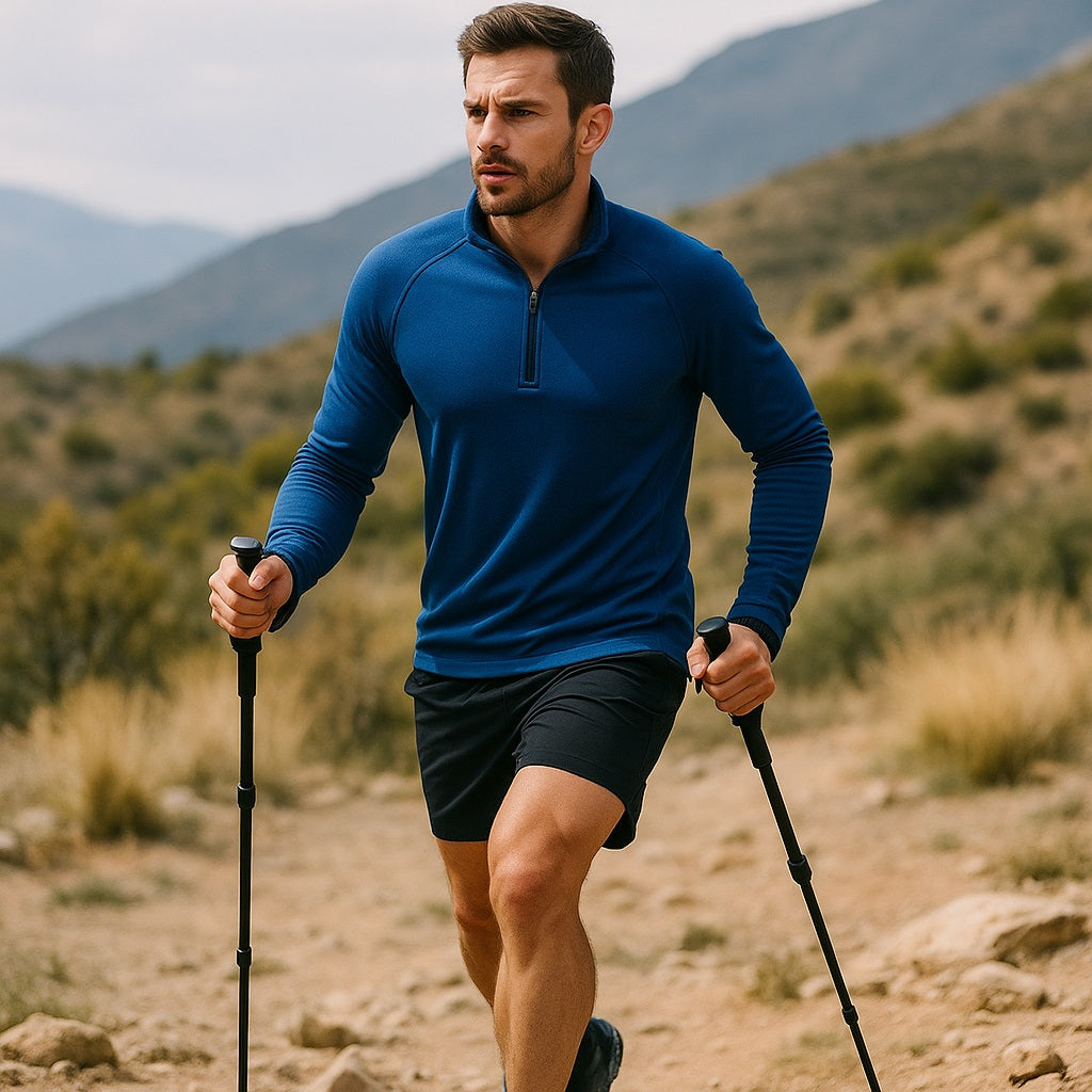 A high-resolution photo of a fit, athletic man in modern men’s outdoor sportswear standing on a mountain trail. He is wearing a breathable jacket, moisture-wicking pants, and trail running shoes, with a scenic view of mountains