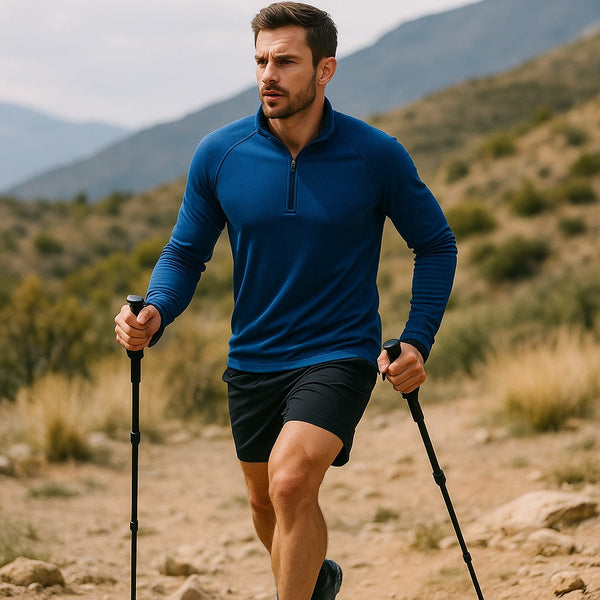 A high-resolution photo of a fit, athletic man in modern men’s outdoor sportswear standing on a mountain trail. He is wearing a breathable jacket, moisture-wicking pants, and trail running shoes, with a scenic view of mountains