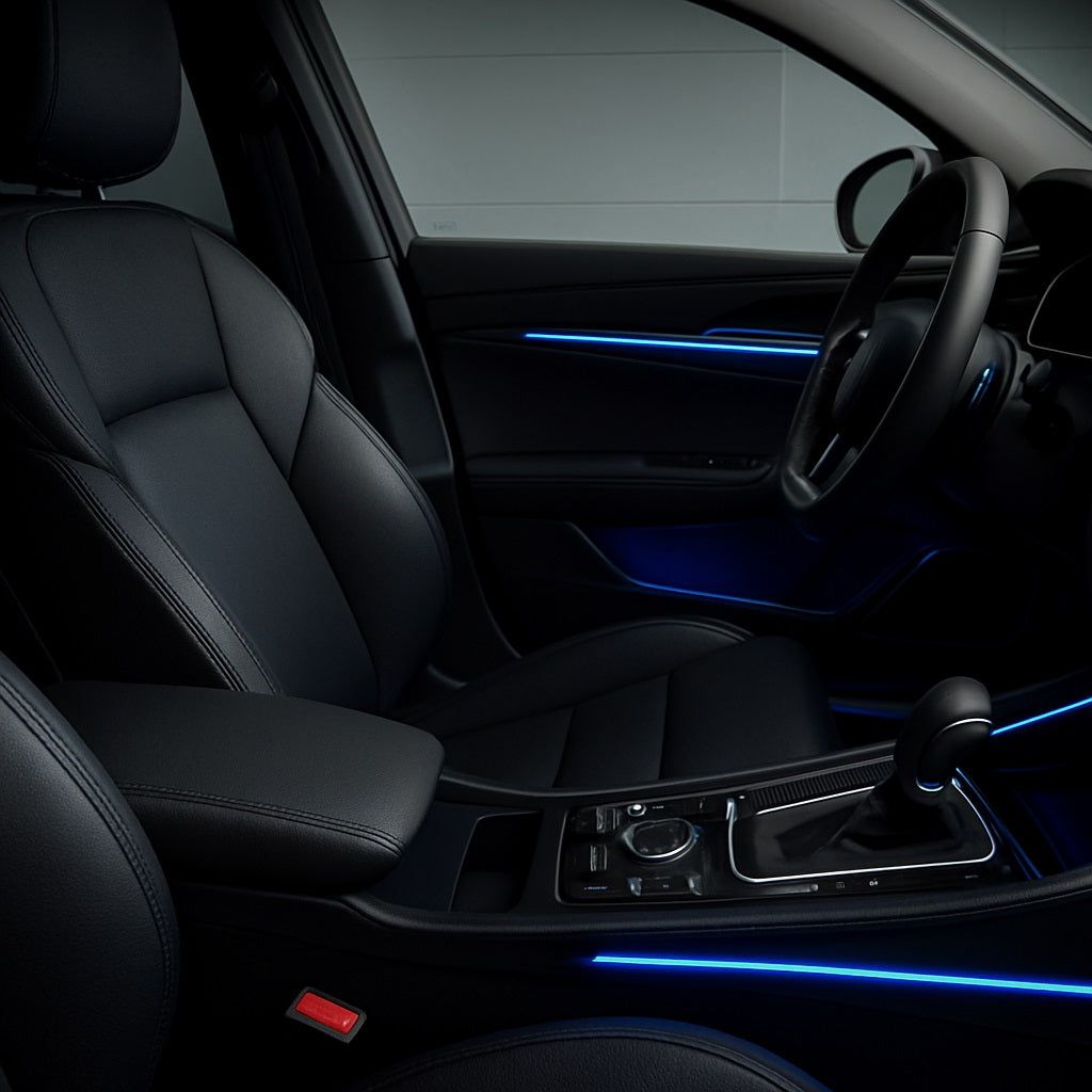 A high-resolution photograph of a modern car interior featuring leather seats, ambient LED lighting, and sleek dashboard details, showcasing an affordable upgrade with a luxury feel.
