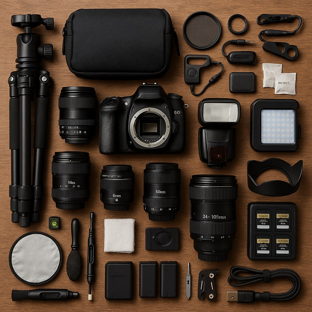 A high-resolution square image displaying an overhead view of professional photography gear arranged neatly on a wooden surface. The setup includes a DSLR camera body at the center, surrounded