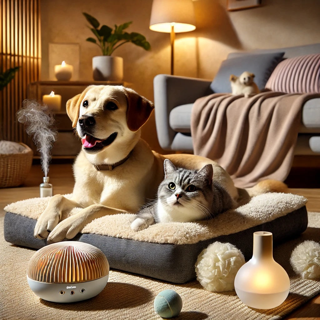 A lifelike image of a cozy home environment with a happy dog and cat resting on a plush pet bed.