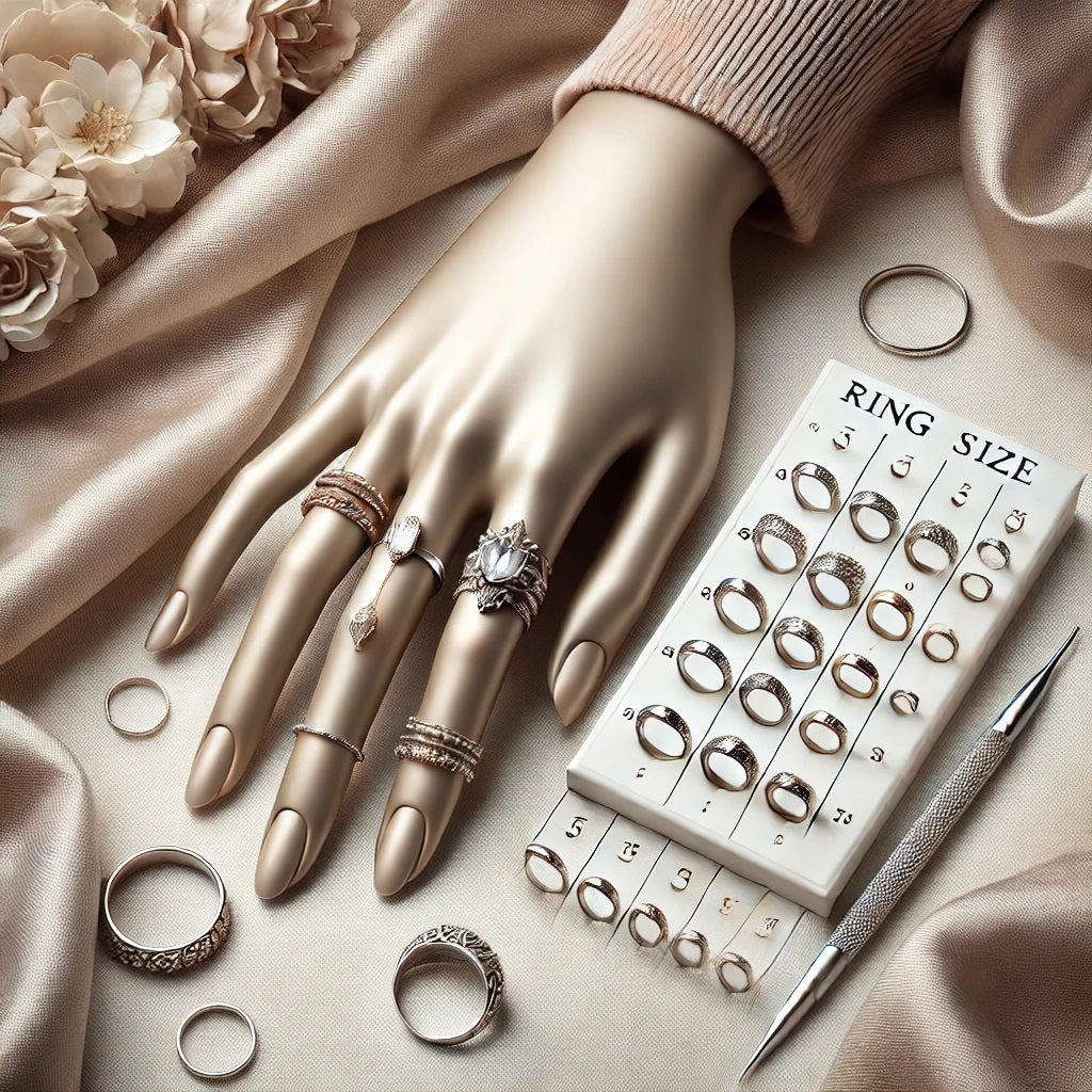 A lifelike image of a hand wearing various elegant rings, showcasing different styles and sizes. The background includes a soft, luxurious fabric, and