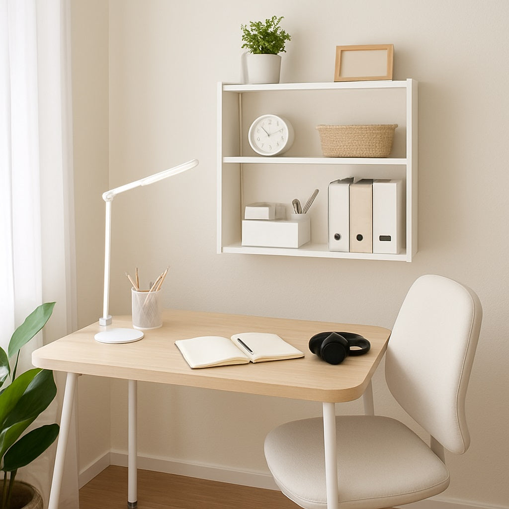A minimalist home office with a light wood desk, white chair, open notebook, headphones, lamp, and shelves holding a clock, files, a plant, and storage boxes.