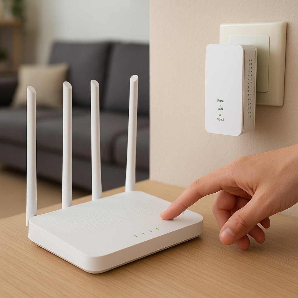 A modern Wi-Fi router placed in the center of a bright living room with strong glowing signal waves extending outward, symbolizing strong and seamless internet connectivity