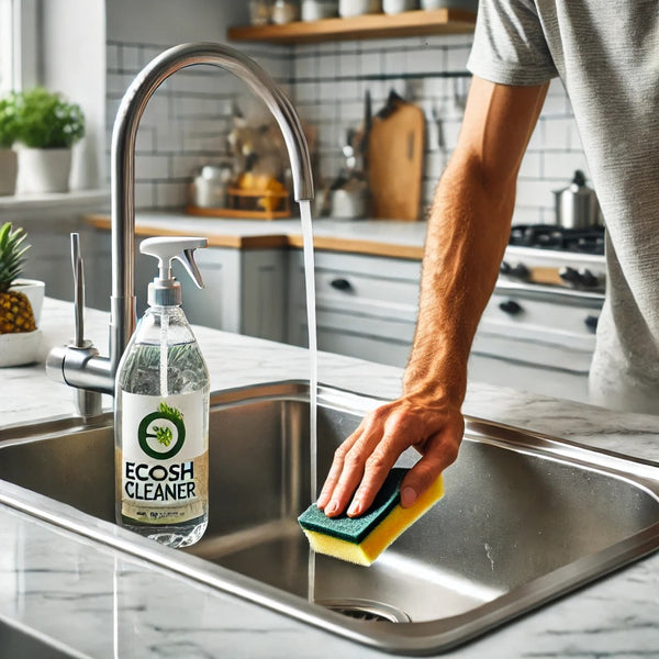 A modern and clean kitchen with a stainless steel sink being cleaned.