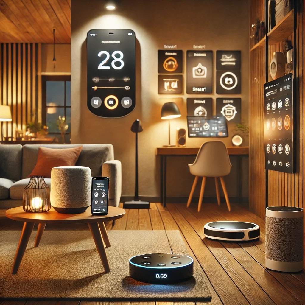 A modern and cozy living room showcasing various smart home gadgets in action.