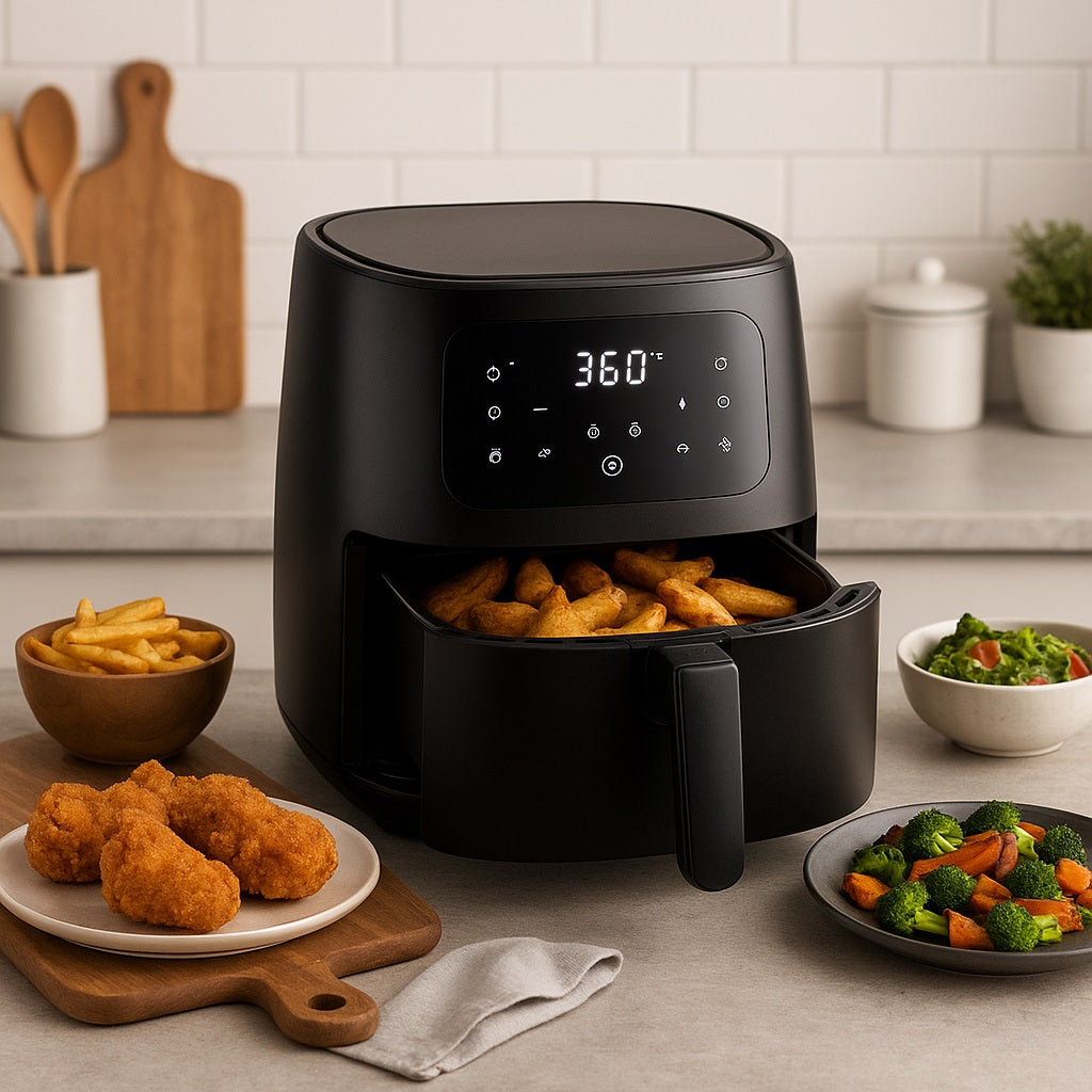 A modern black air fryer set to 360°F with potato wedges inside the basket, placed on a kitchen counter alongside plates of fried chicken, French fries, a salad, and steamed vegetables.