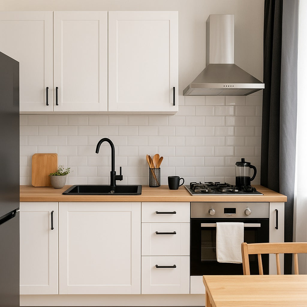 A modern budget-friendly kitchen with white cabinets, light wood countertops, a black sink, stainless steel oven, gas stove, and minimalist décor.