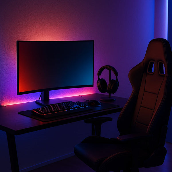 A modern gaming setup featuring a curved monitor on a black desk, RGB backlit keyboard and mouse, a gaming headset on a stand, and a black ergonomic gaming chair