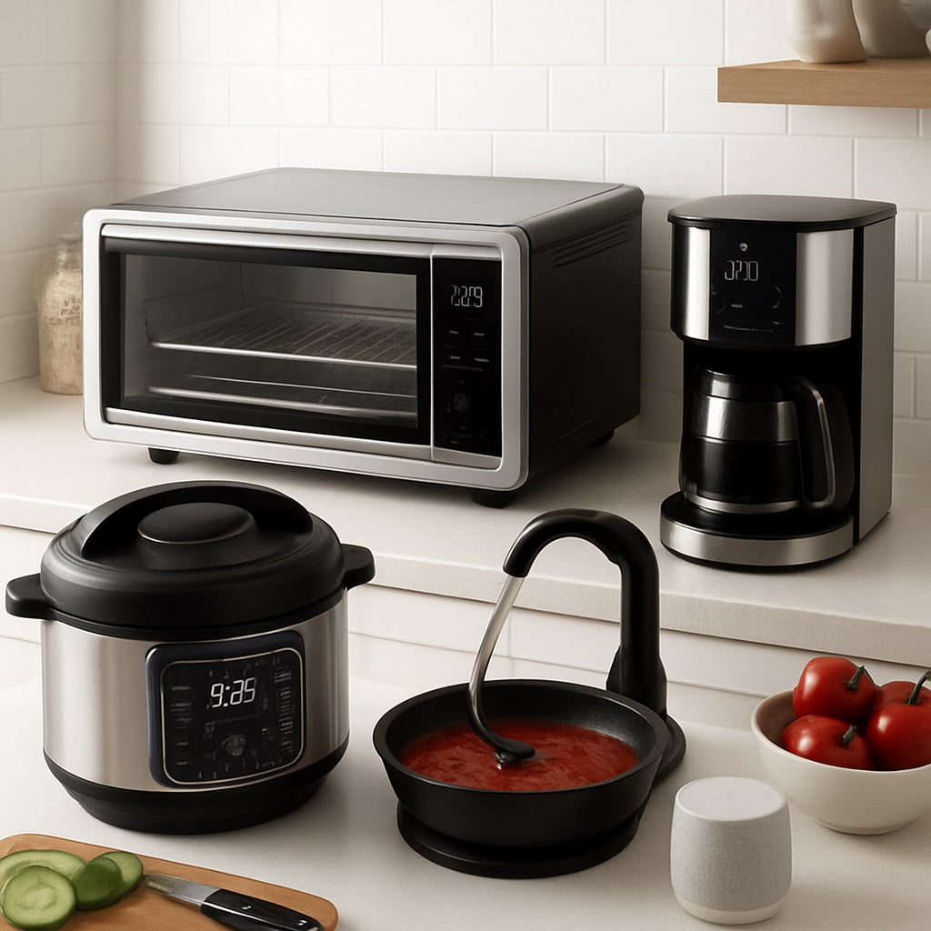 A modern kitchen countertop featuring a smart oven, coffee maker, pressure cooker, and an automatic pan stirrer in use with tomato sauce. Fresh tomatoes, sliced cucumber on a