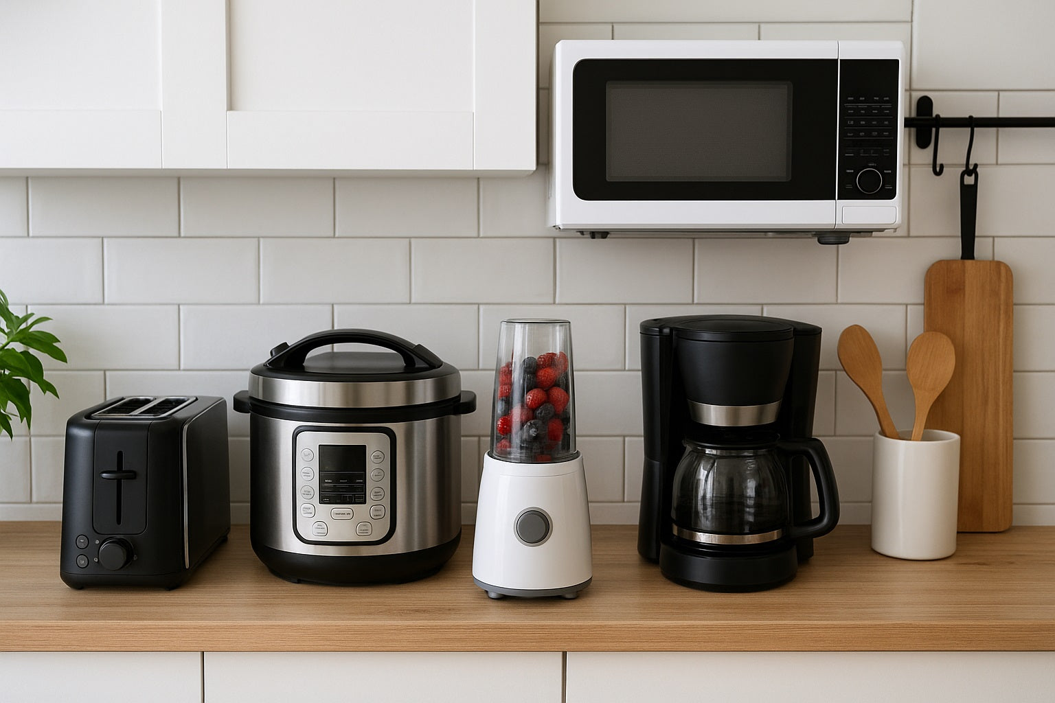 A modern kitchen countertop with small appliances neatly arranged, including a black toaster, a stainless steel pressure cooker, a compact blender filled with berries, and a black drip coffee maker