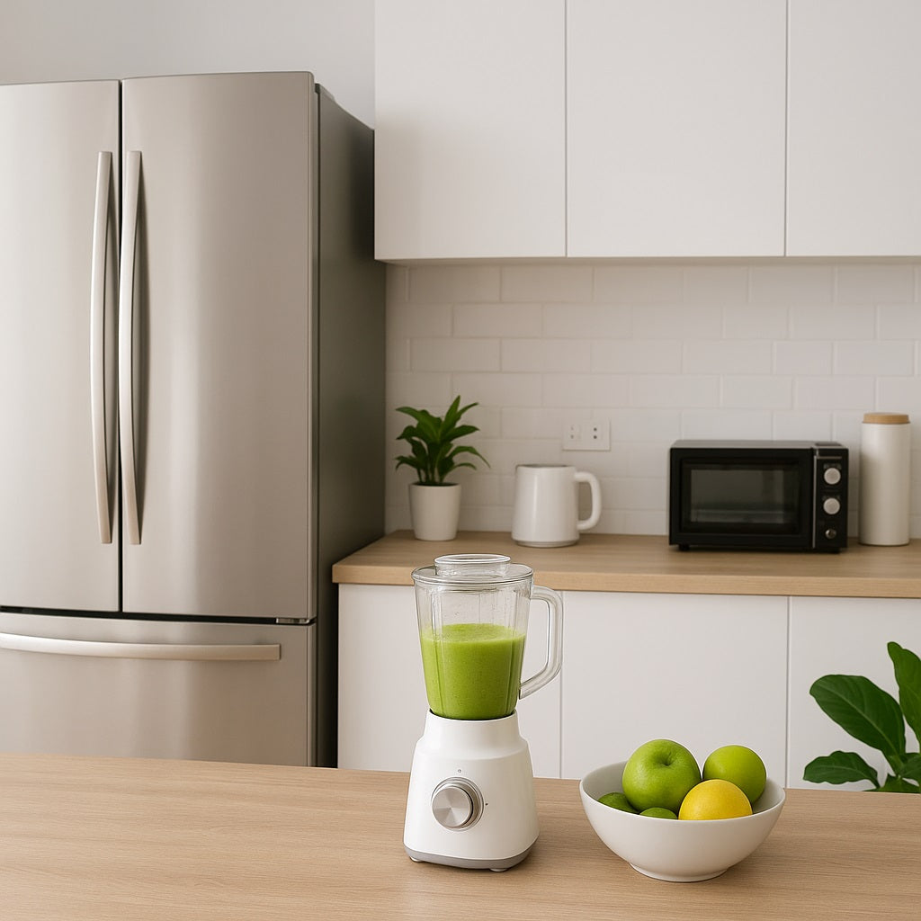 A modern kitchen with energy-saving appliances, including a stainless steel refrigerator, a white electric blender filled with green smoothie, a microwave, and eco-friendly touches like potted