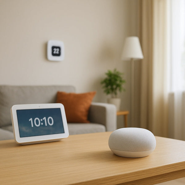 A modern living room with a cozy sofa, coffee table, and wall-mounted smart devices including a thermostat, smart speaker, and smart lighting system, creating a sleek DIY