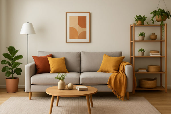 A modern living room with a light gray sofa decorated with rust and yellow accent pillows, a mustard throw blanket, a round wooden coffee table with minimalist décor