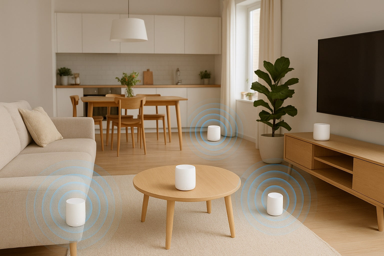 A modern living room with sleek furniture where a mesh Wi-Fi router and satellite nodes are placed, emitting glowing signal waves that symbolize strong, seamless whole-home