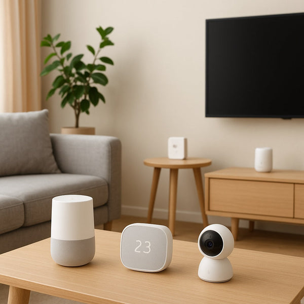 A modern smart living room featuring a voice-controlled smart speaker on a wooden table, connected smart lighting, and a sleek security camera mounted in the corner