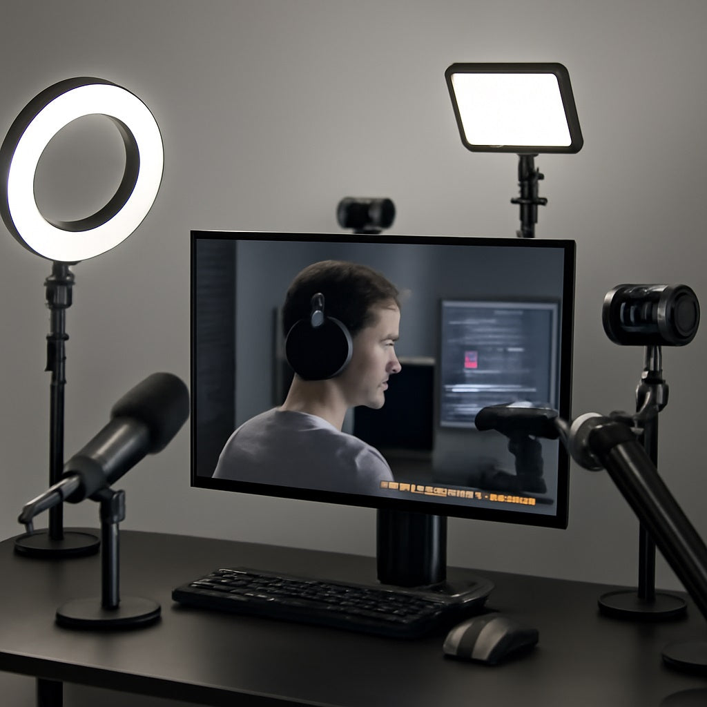 A modern streaming setup featuring a large monitor on a sleek black desk, displaying a young man wearing blue headphones.