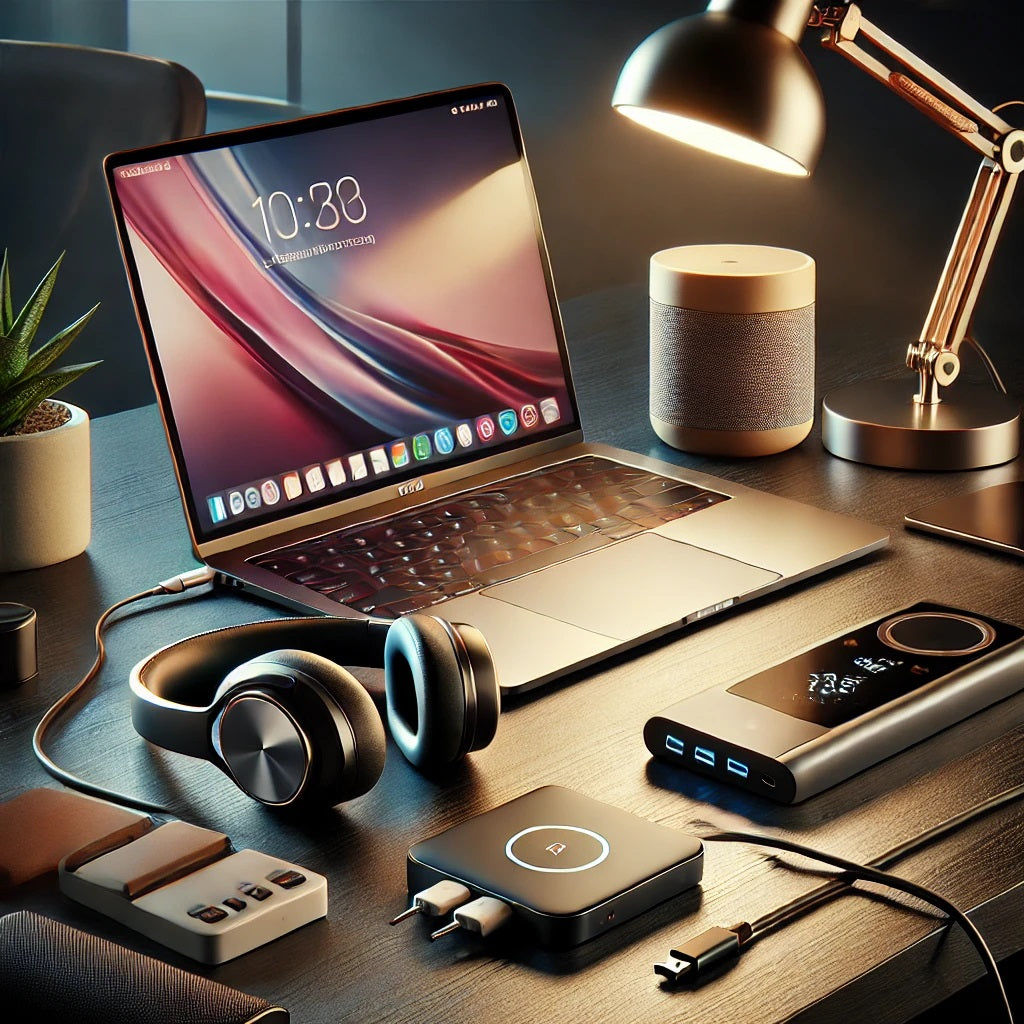 A modern workspace with essential tech accessories, including a sleek wireless charger, high-quality Bluetooth headphones