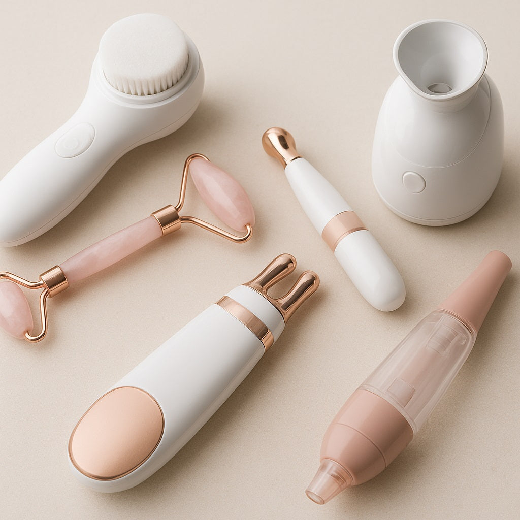 A neatly arranged set of skincare tools on a beige surface, including a white cleansing brush, a rose quartz facial roller, a white and rose-gold microcurrent device
