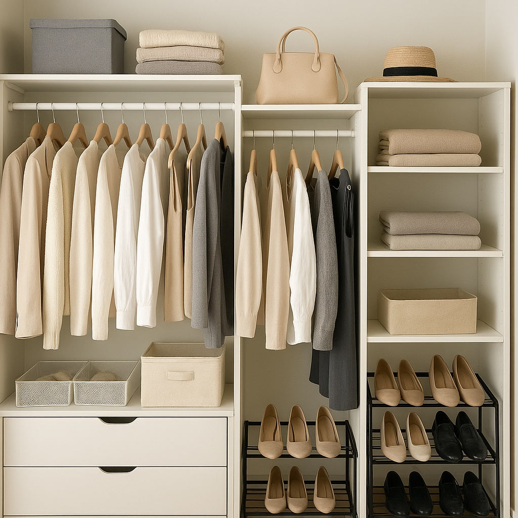 A neatly organized wardrobe with beige, white, and gray clothing hung on wooden hangers. Folded sweaters are stacked on shelves alongside a beige handbag and straw hat.