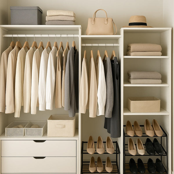 A neatly organized wardrobe with beige, white, and gray clothing hung on wooden hangers. Folded sweaters are stacked on shelves alongside a beige handbag and straw hat.