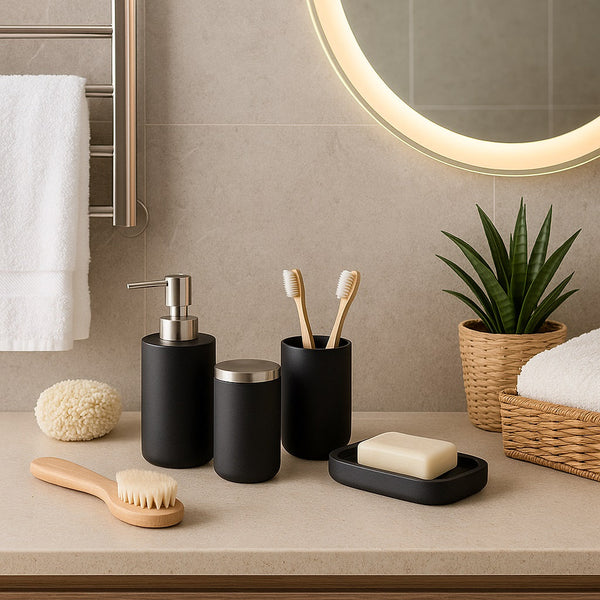 A photograph showcases a bathroom countertop made of smooth marble, featuring a coordinated set of quality bathroom accessories including a soap dispenser, toothbrush holder, small tray, and scented 