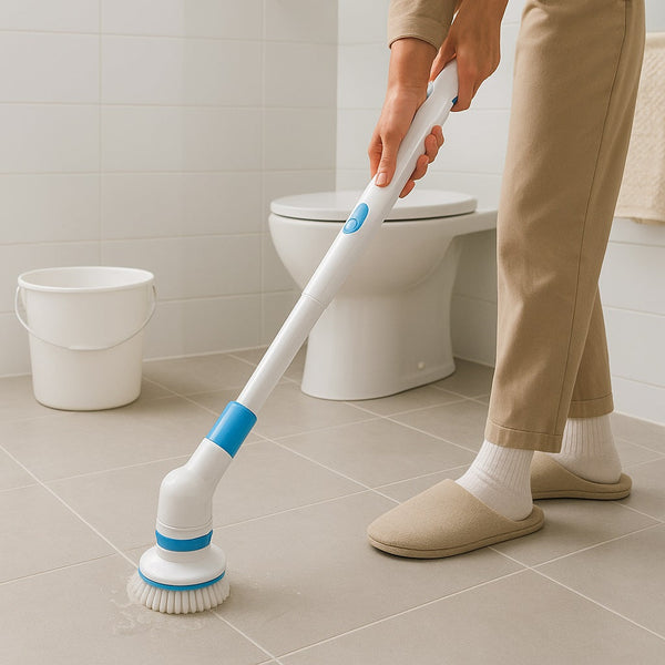 A photograph shows a person cleaning a bathroom floor using a modern cleaning gadget, with water and soap visible, representing viral TikTok cleaning tools.