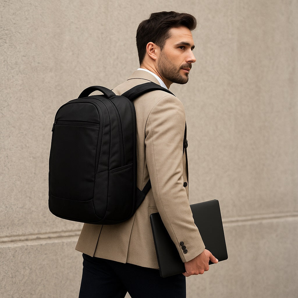 A professional man wearing a beige blazer and navy trousers carries a sleek black backpack and holds a laptop while walking