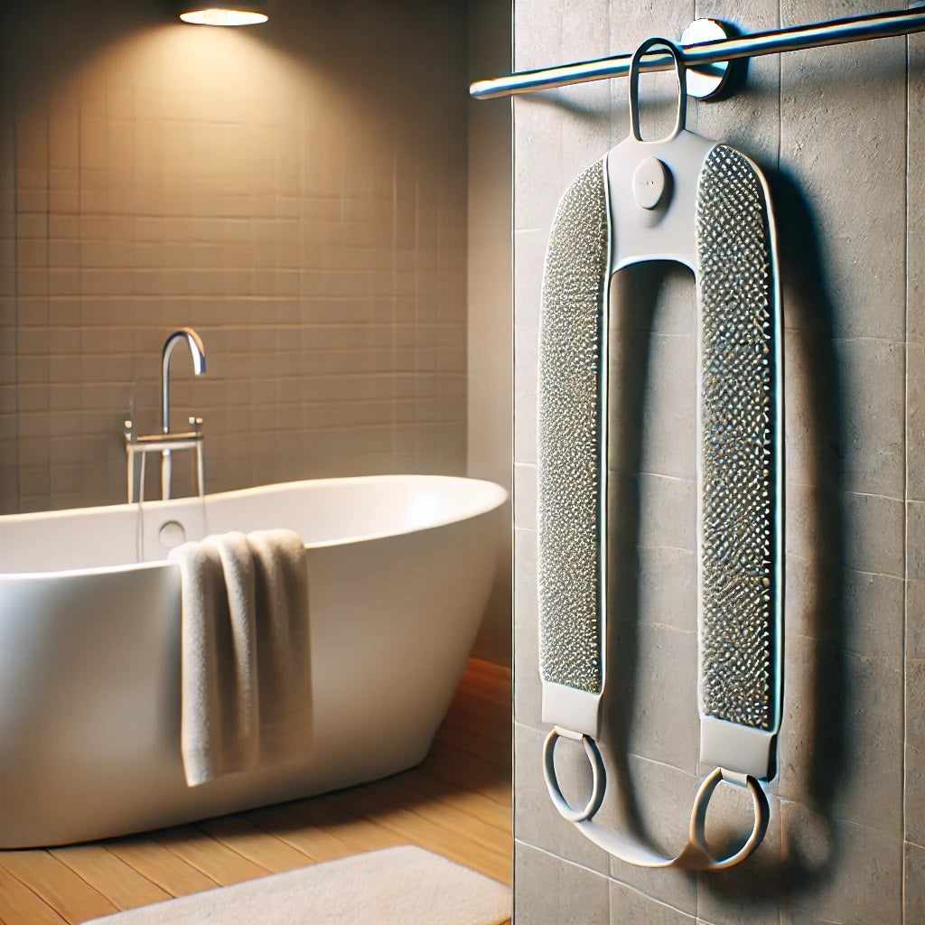 A realistic and modern bathroom setting featuring a silicone back scrubber bath belt. The scrubber is hanging on a sleek shower hook, with water drop