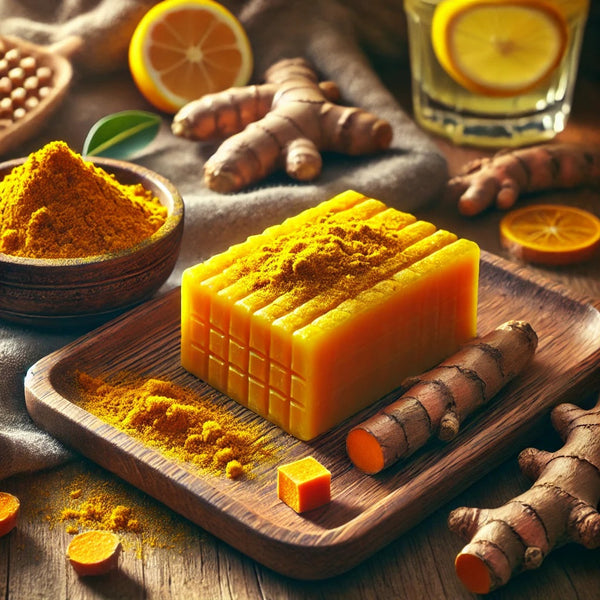 A realistic blog-style image featuring a deep cleansing turmeric soap bar.