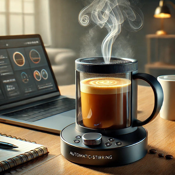 A realistic image of an Automatic Self-Stirring Coffee Mug in action.