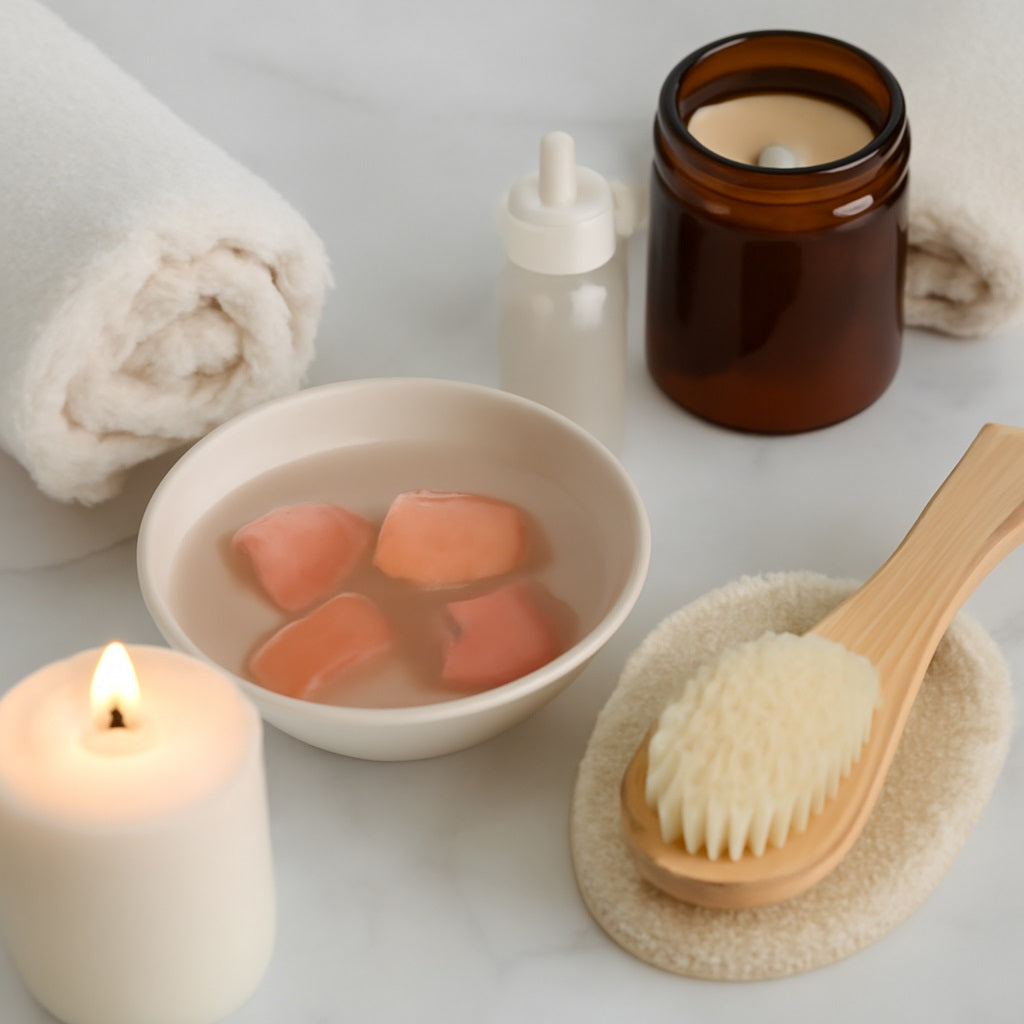 A serene spa-themed scene on a white marble surface, featuring a rolled bath towel, a shallow bowl with rose petals floating in water, a frosted bottle of liquid, a candle with a soft glow, and a wooden body brush.