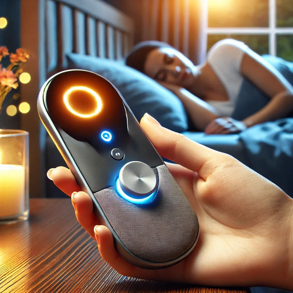 A sleek, modern handheld sleep insomnia aid device with an ergonomic design, featuring a soft LED light