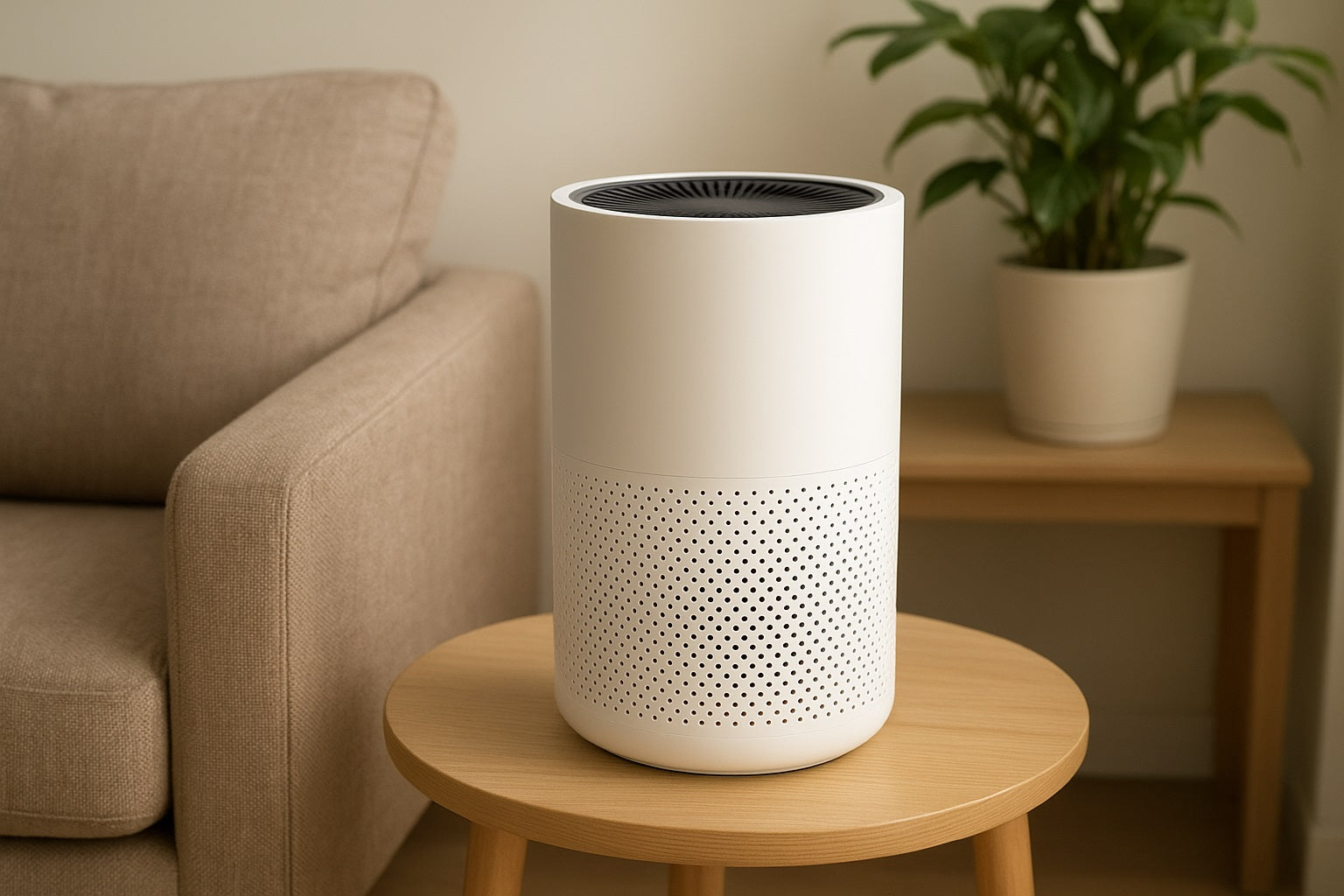 A sleek white cylindrical air purifier placed on a wooden floor in a bright, modern living room, emitting a subtle airflow that symbolizes clean and fresh indoor air