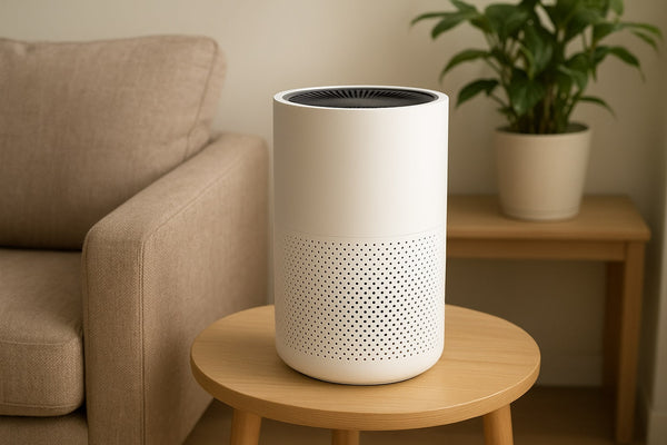 A sleek white cylindrical air purifier placed on a wooden floor in a bright, modern living room, emitting a subtle airflow that symbolizes clean and fresh indoor air
