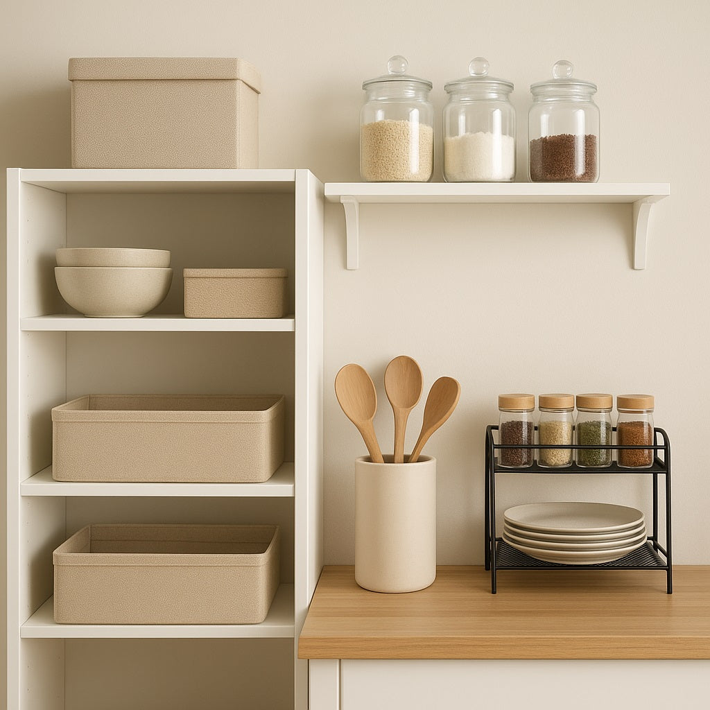 A small, neatly organized kitchen corner featuring open white shelving with beige storage bins, baskets, and bowls. A wooden countertop holds a utensil holder and black metal racks storing