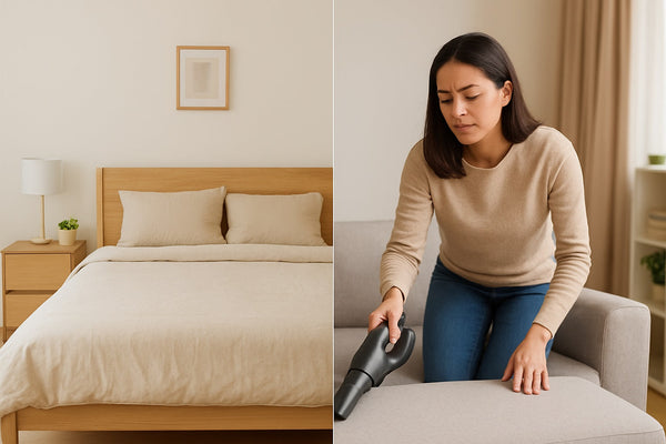 A square photograph showing a neatly arranged modern bedroom with a large bed, soft lighting, and minimalistic décor.