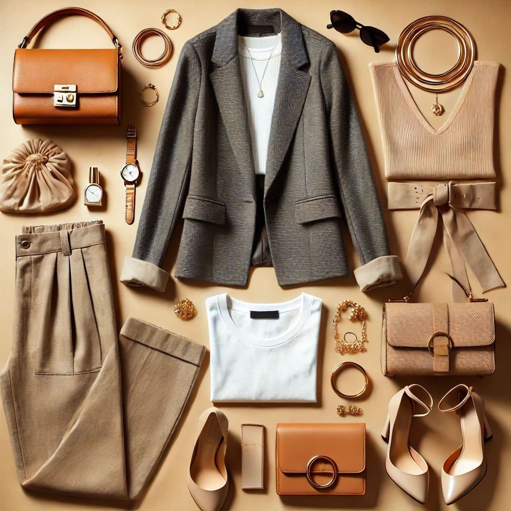A stylish flat lay featuring trendy women's clothing, including a chic blazer, a pair of wide-leg pants, a classic white tee...