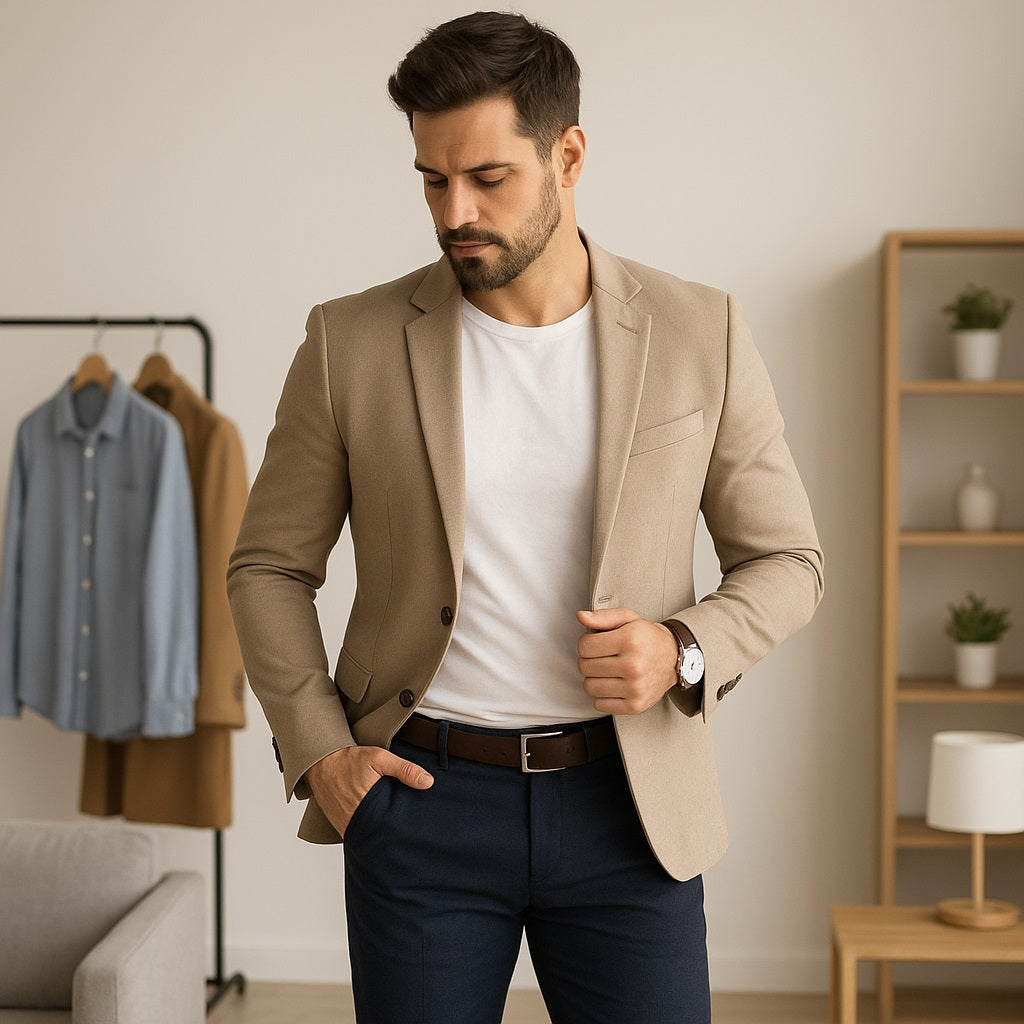 A stylish man with light skin, wearing a white shirt and beige trousers, poses confidently outdoors against a blurred urban background.