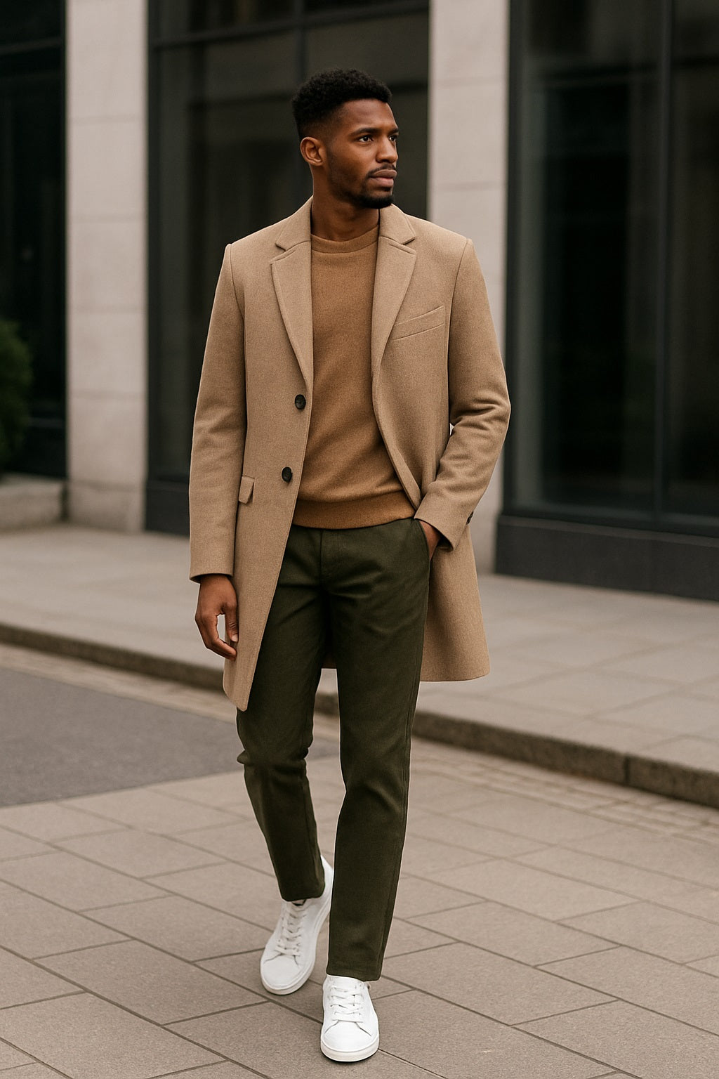 A stylish young African-American man poses outdoors in a modern urban setting, wearing a light brown trench coat, layered over a dark turtleneck and trousers, accessorized