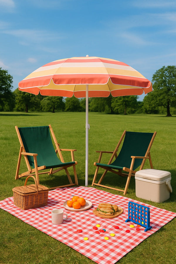A sunny outdoor picnic setup in a green park featuring two wooden folding chairs with green fabric seats under a striped orange and yellow beach umbrella.