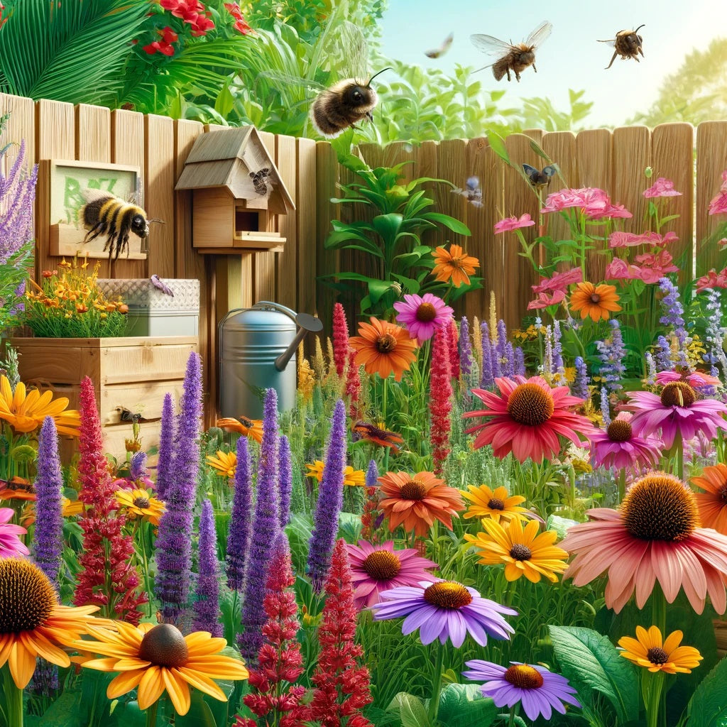 A vibrant, lifelike garden designed to attract pollinators, featuring a variety of colourful flowers like coneflowers, lavender, and black-eyed Susan's plants.