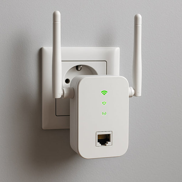 A white Wi-Fi range extender with two antennas plugged into a European wall socket, showing green LED indicators and an Ethernet port, mounted on a soft gray wall.