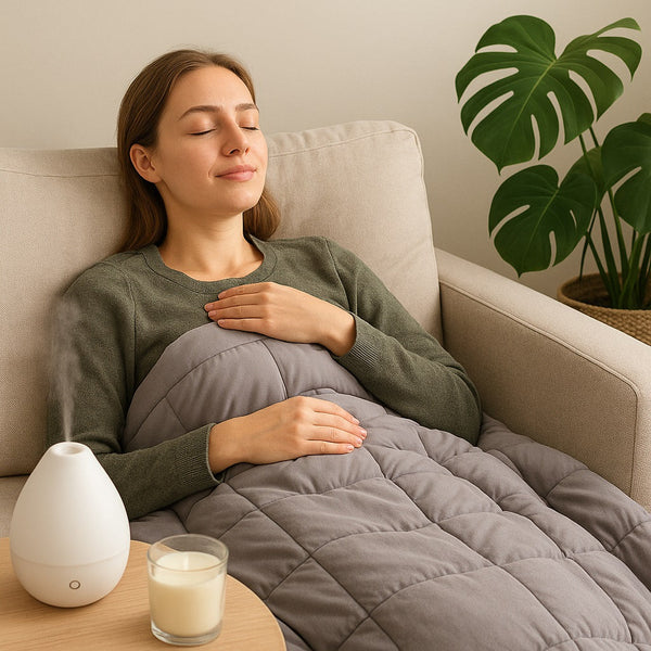 A woman relaxing on a beige sofa with her eyes closed, covered by a gray weighted blanket. A white aromatherapy diffuser emits mist beside a lit candle on a wooden table, while a large green