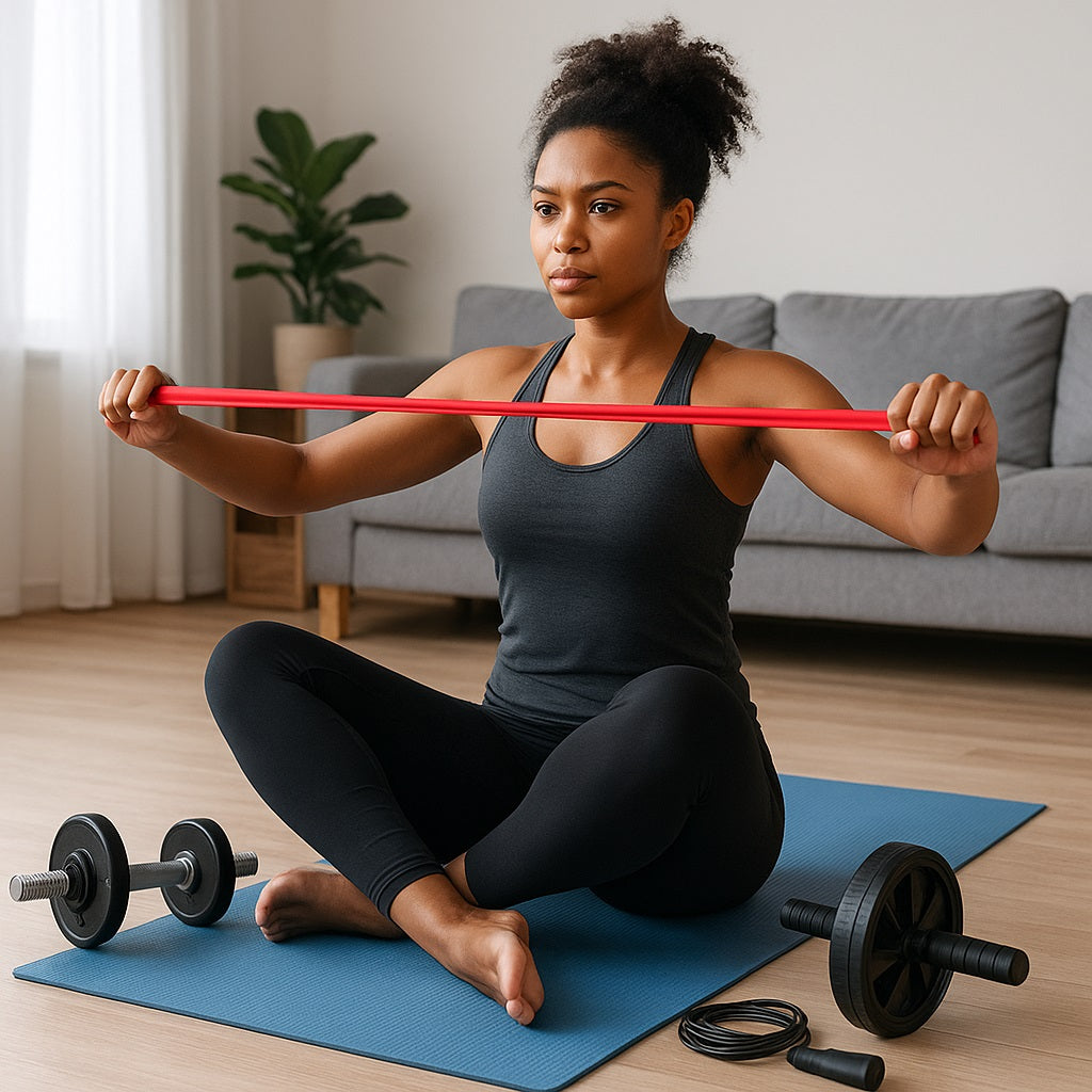 A woman sits cross-legged on a yoga mat indoors, holding a resistance band with both hands, with dumbbells, an ab wheel, and a jump rope placed nearby.